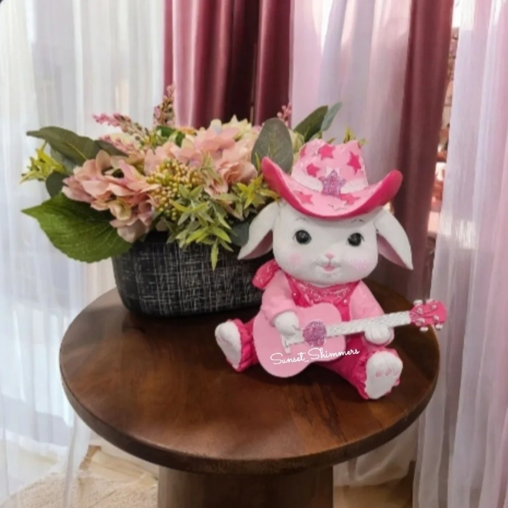 Bunny Girl Sparkly Pink Cowboy Hat Overalls Guitar Figure Decor